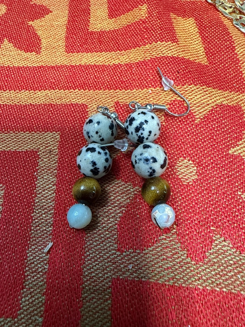 Dalmatian Jasper and Tiger’s Eye Bead Dangle Earrings